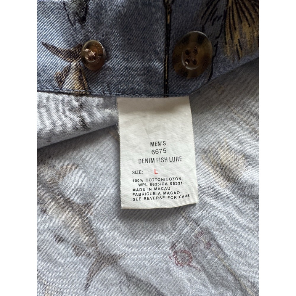 WOOLRICH John Rich Bros Men's Large Denim Fly Fishing Lure Button Up Camp Shirt‎ - Picture 7 of 11